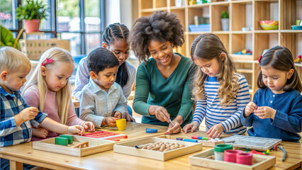 Fototapeta premium Cute children playing with wooden toys in the kindergarten. Kids education.