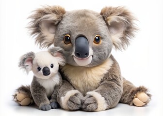 Snuggly koala joey clutches a soft toy, gazing up with big round eyes, on a pristine white background, exuding innocence and cuteness, melting hearts instantly.