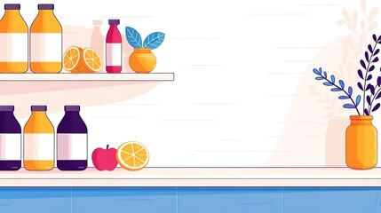 Minimalist interior design with shelves, plants, and bottles.