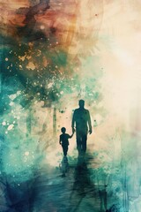 Obraz premium A man and a child walking together down a winding path in nature