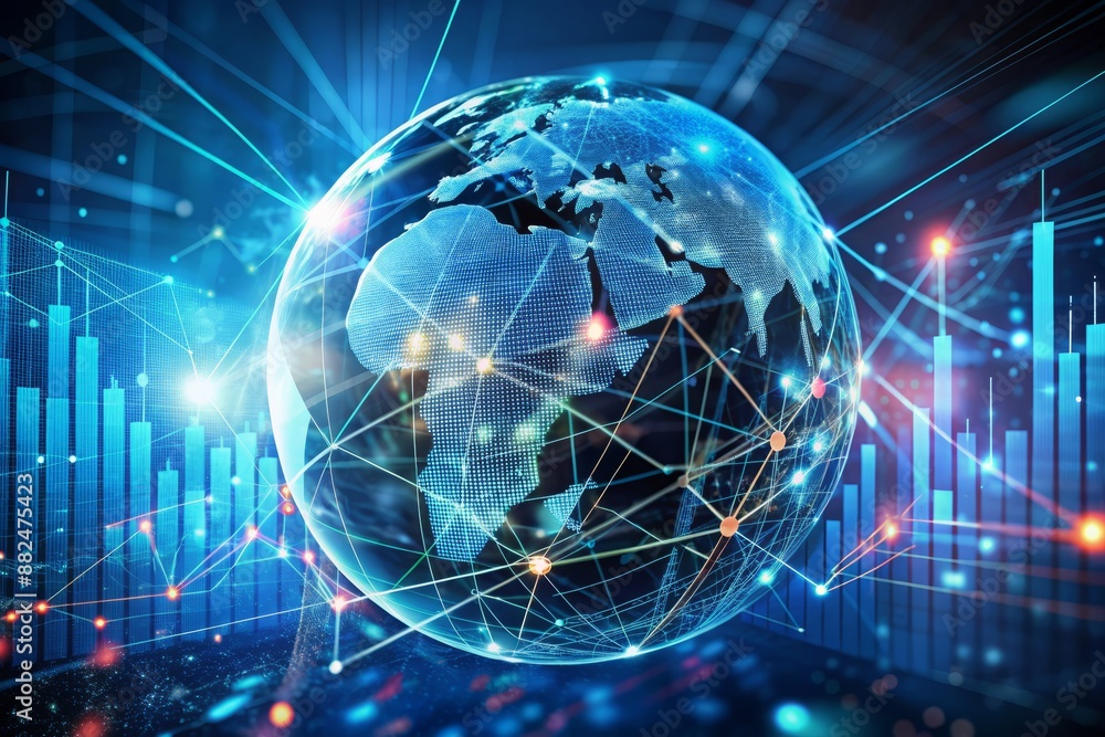Poster global network connections and links diagram on a digital globe background with rising stock market 