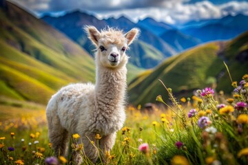 Fototapeta premium Adorable baby alpaca with soft, fluffy fur and curious eyes explores the Andes mountainside, surrounded by vibrant green grass and wildflowers in Peru.