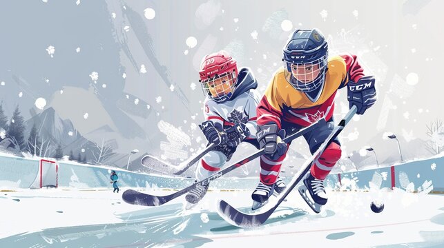 Two young hockey players are fiercely competing for the puck on an outdoor ice rink, showcasing their skills and determination amid a snowy winter setting with mountains.