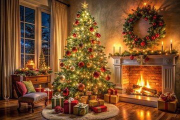 A beautifully decorated Christmas tree stands tall in a cozy living room with ornaments, garlands, and lights, surrounded by presents and a warm fireplace setting.