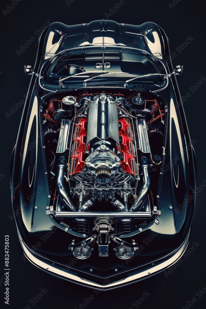 Aufkleber a close-up view of a black car with a distinctive red engine, ideal for automotive or mechanical the