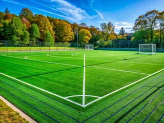 Vibrant green outdoor court stretches into the distance, lined with fresh white markings, awaiting an energetic match or intense training session with a soccer ball.