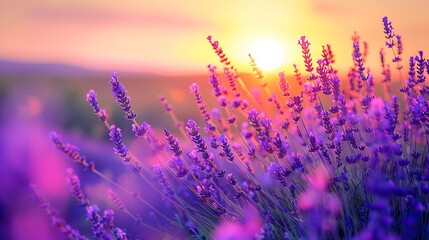 A field of lavender flowers at sunset.