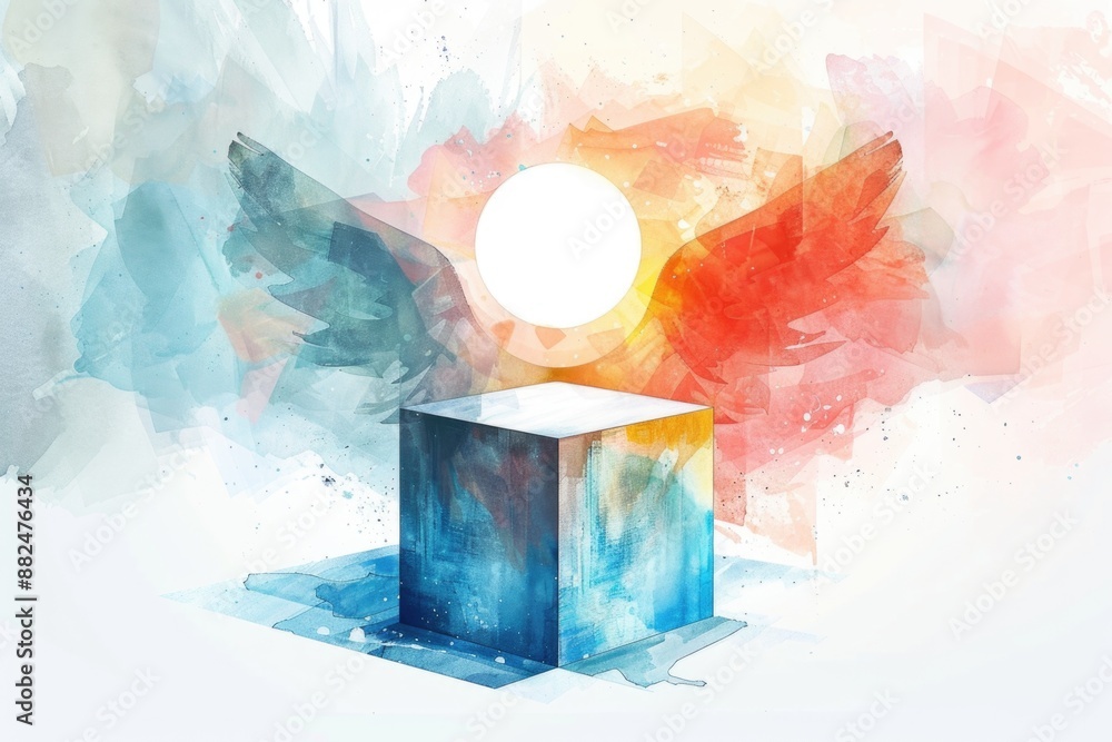 Poster watercolor painting of a box with sun rays shining from behind, great for abstract or minimalist des