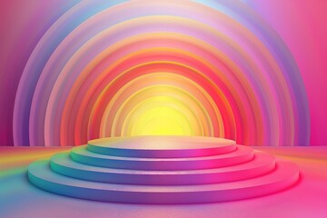 Obraz premium 3d render, abstract background, round podium, neon light, rainbow colors, Ai Generated