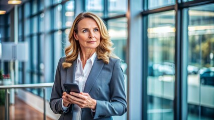 Obraz premium Mature 40-year-old professional businesswoman manager executive stands in an office, holding a cellphone, intently focused on the screen, with a confident and determined expression.