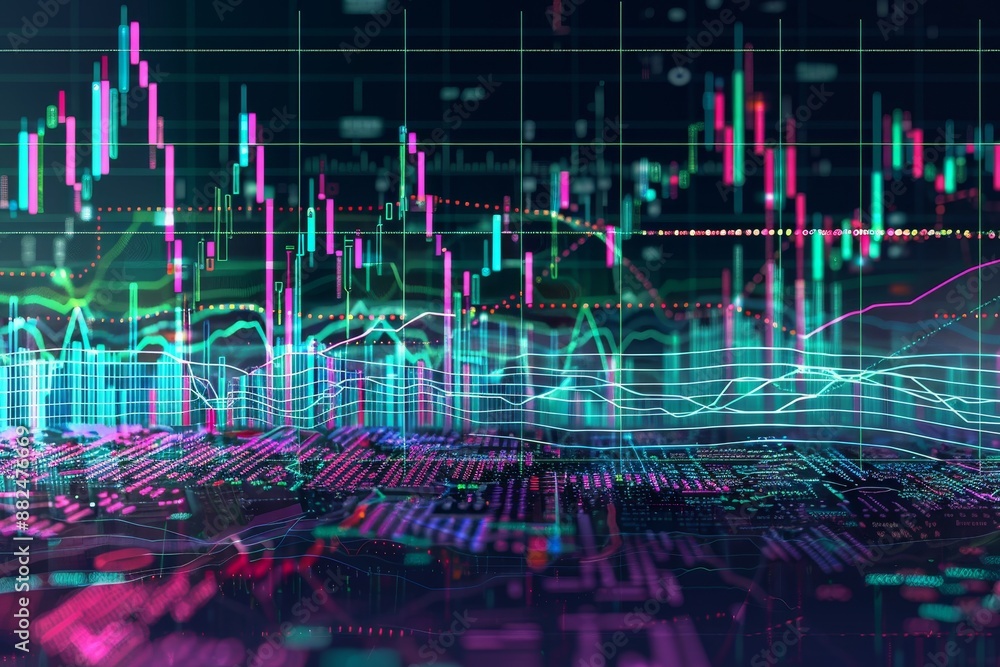 Poster a detailed stock market chart with multiple overlays for comprehensive analysis