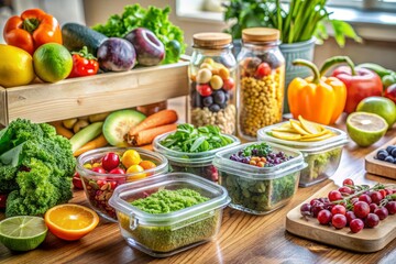 Vibrant arrangement of fresh fruits, vegetables, and greens surrounds a nutritious meal prep, complete with avocado and health supplements, in a tidy home kitchen setup.