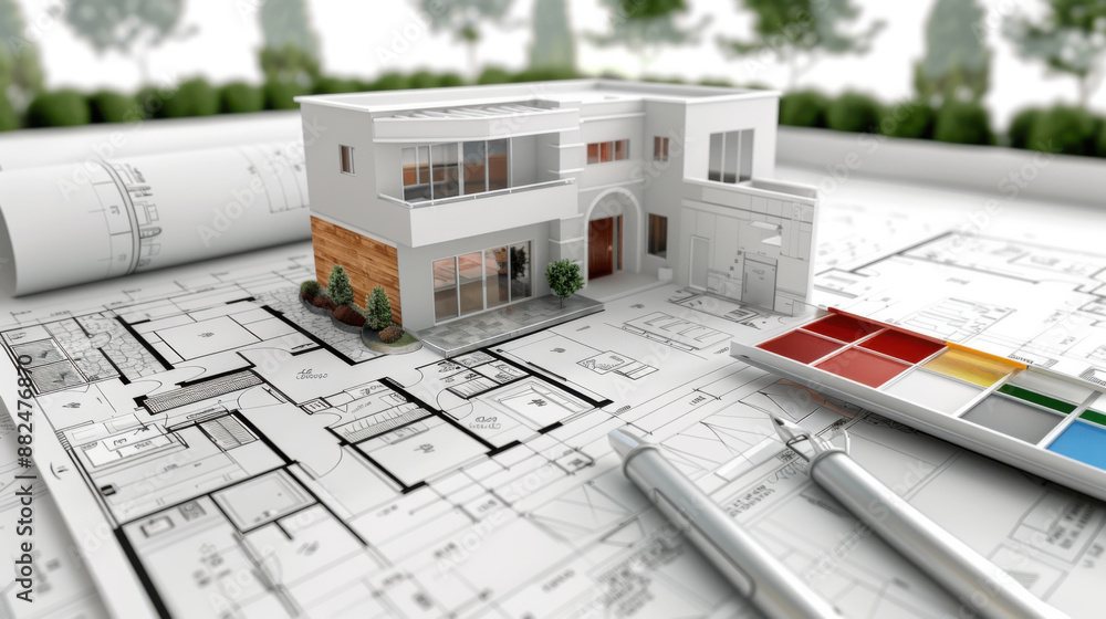 Poster a modern house model placed on an architectural blueprint, surrounded by design tools and color samp