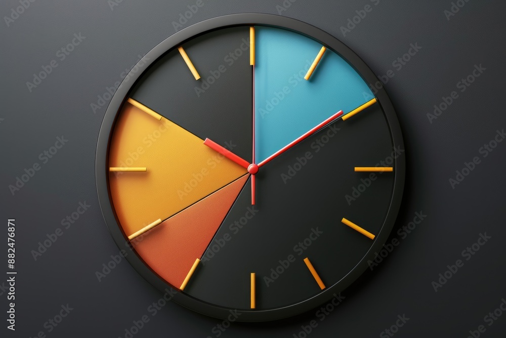 Poster a close-up of a black clock with a colorful and vibrant face, featuring bright hues and intricate de