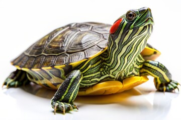 Fototapeta premium A solitary Red-Eared Slider turtle with vibrant yellow stripes relaxes, stretching its neck and legs, basking in the warmth, on a pure white isolated background.