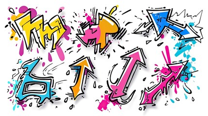 Graffiti elements, cartoon graffiti stickers for kids with arrows and lines, isolated in doodle style with simple line, vector illustration,  generated AI