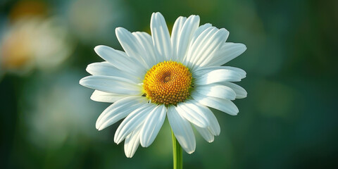 Obraz premium Detailed view of a white daisy flower with a yellow center, set against a blurred green background.