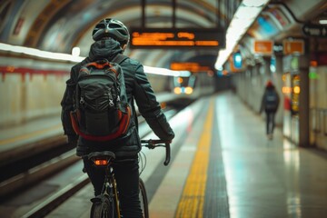 cyclist with a backpack waiting for a metro train on a subway platform