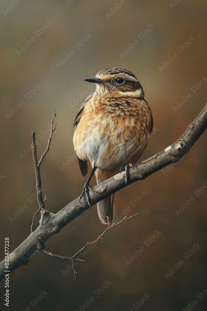 Poster a small bird is perched on a tree branch, looking out at the camera