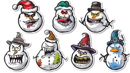 Graffiti stickers collection, isolated cartoon angry snowman, white background, vector graphics in clip art style,  generated AI