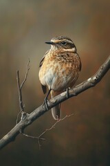 Fototapeta premium A small bird is perched on a tree branch, looking out at the camera