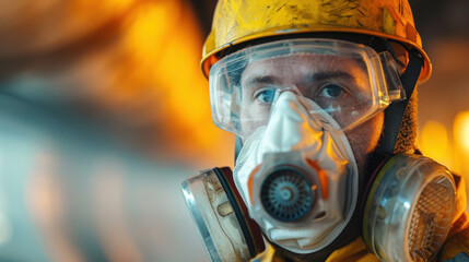 Fototapeta premium Industrial worker wearing protective gear, including mask and helmet, ensuring safety in a hazardous environment.
