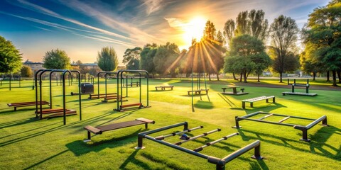Empty park landscape with outdoor fitness equipment, hurdles, and mats scattered on lush green grass, bathed in warm sunlight, awaiting a group workout session.