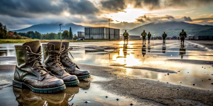 Wet pavement glistens beneath empty boots and scattered equipment as morning rain pours down on an abandoned military training ground with vague silhouette of hills afar.