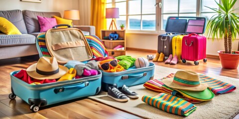Naklejka premium Neatly arranged open luggage, colorful travel accessories, and hotel amenities scattered around a tidy room, capturing the excitement of an upcoming family vacation.