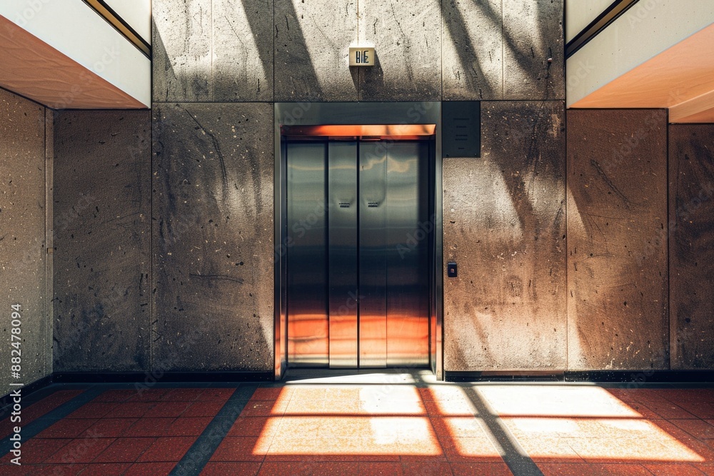 Aufkleber An elevator inside a concrete building with a red floor, suitable for use in architecture, infrastructure or construction related contexts