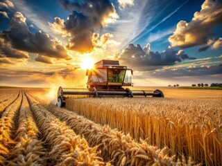 Obraz premium Golden wheat fields stretch towards the horizon as a massive combine harvester, its metal body glistening in the sun, cuts through the ripe crop.