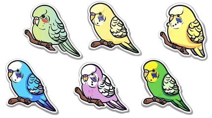 Naklejka premium Graffiti stickers collection, isolated cartoon Budgerigar, white background, vector graphics in clip art style, generated AI