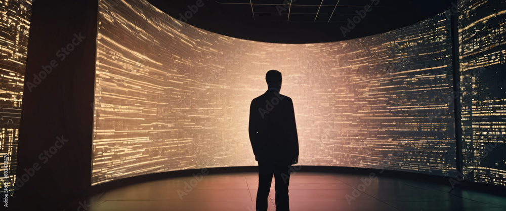 Poster a silhouette of a person standing in front of a giant digital screen with a flow of data showing var