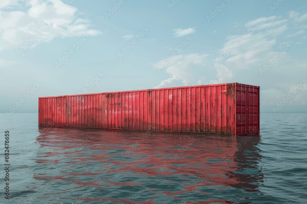 Poster a red container drifting in the open ocean