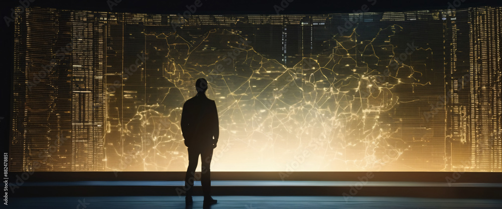 Poster a silhouette of a person standing in front of a giant digital screen with a flow of data showing var