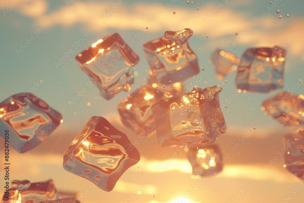Poster A picture of ice cubes suspended in mid-air, perfect for use in scenes where you need a unique and attention-grabbing visual effect