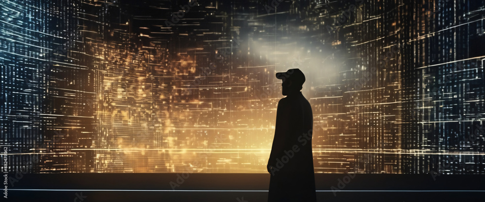 Poster a silhouette of a person standing in front of a giant digital screen with a flow of data showing var