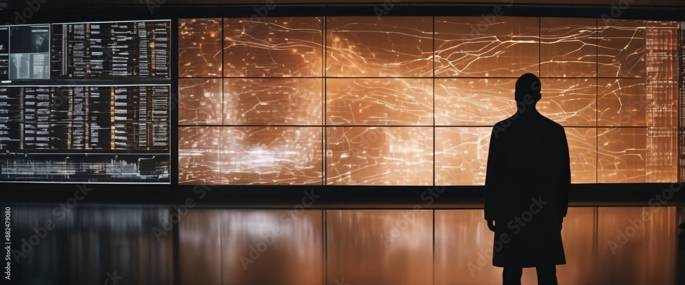 Poster a silhouette of a person standing in front of a giant digital screen with a flow of data showing var