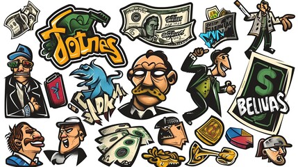 Graffiti stickers collection, isolated cartoon Economist, white background, vector graphics in clip art style, generated AI