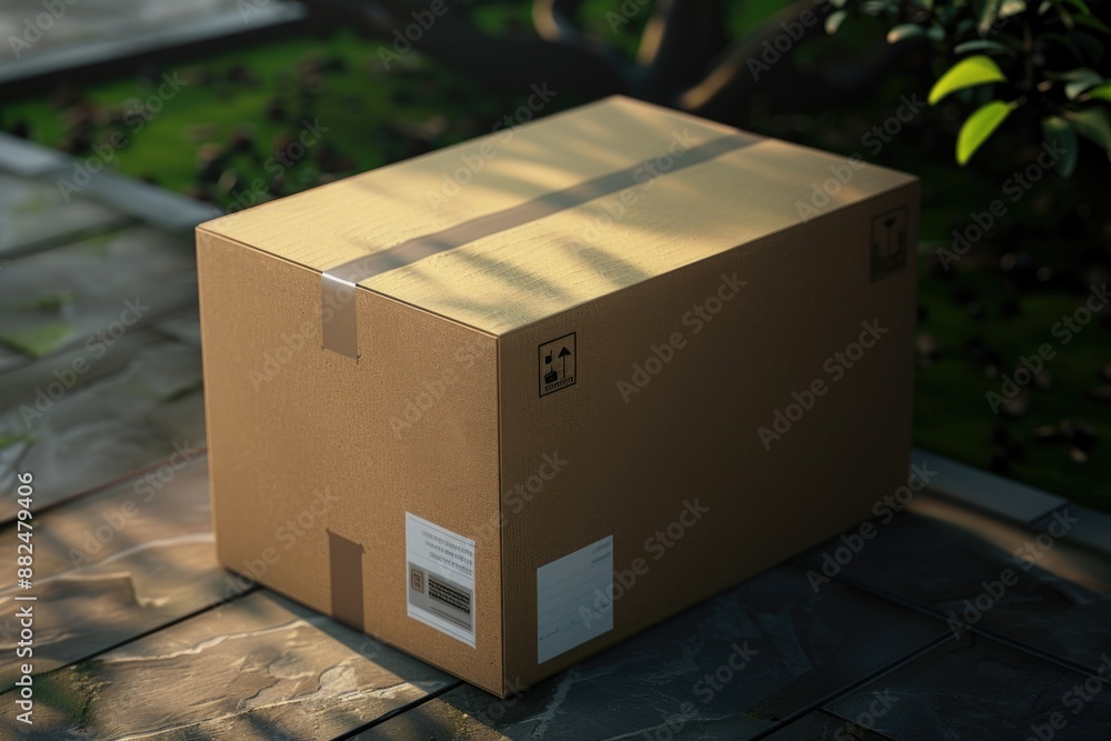 Poster a simple cardboard box placed on a wooden table, great for background or props use