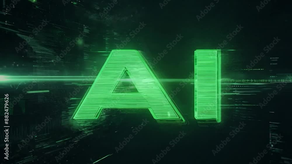 Poster vibrant green ai symbol radiating a soft glow. surrounded by a complex network of data and intricate