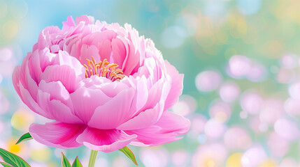 Fototapeta premium Peony Pink Flower in Bloom. Beautiful Blossoming Peony in Garden Scene. Soft Focus Pastel Colors