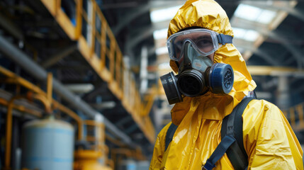 Industrial worker wearing a full protective suit and gas mask, ensuring safety in a hazardous work environment.