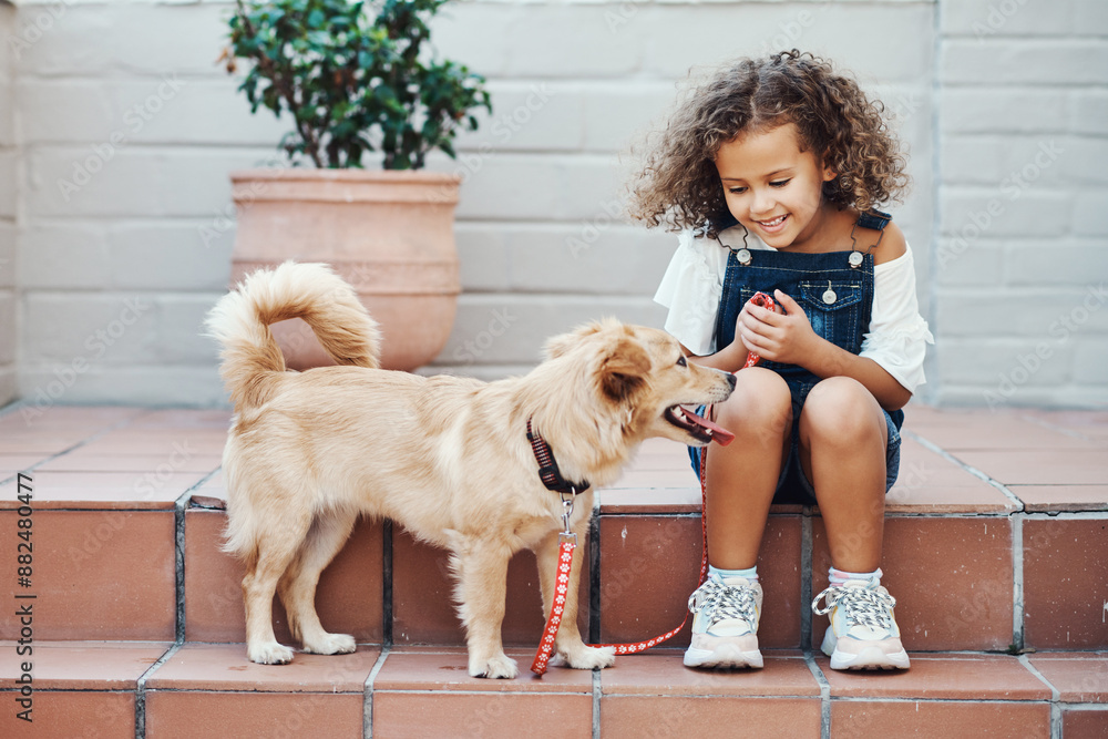 Canvas Prints Girl child, dog and relax on outdoor steps for bonding together, loyalty and development in home. Youth, female kid and canine animal or puppy with leash for walking, growth and love for friends