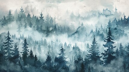 Foggy Forest in Watercolor: Winter Nature Scene