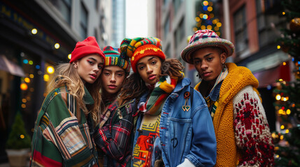 Fototapeta premium group of friends cool extravagant vintage outfits in the christmas winter street urban
