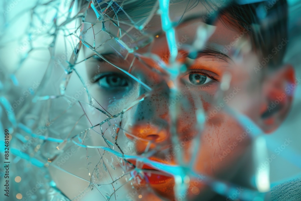Poster a person is looking through a broken glass window with a puzzled expression