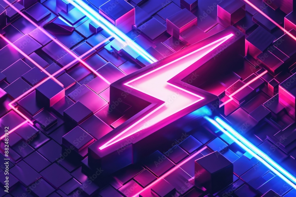 Aufkleber a neon light forms an arrow shape at the top of a wall made up of stacked cubes