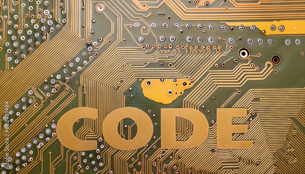 Poster circuit board with code text overlay