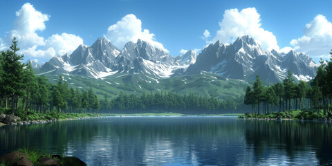 森と野原と山のある風景